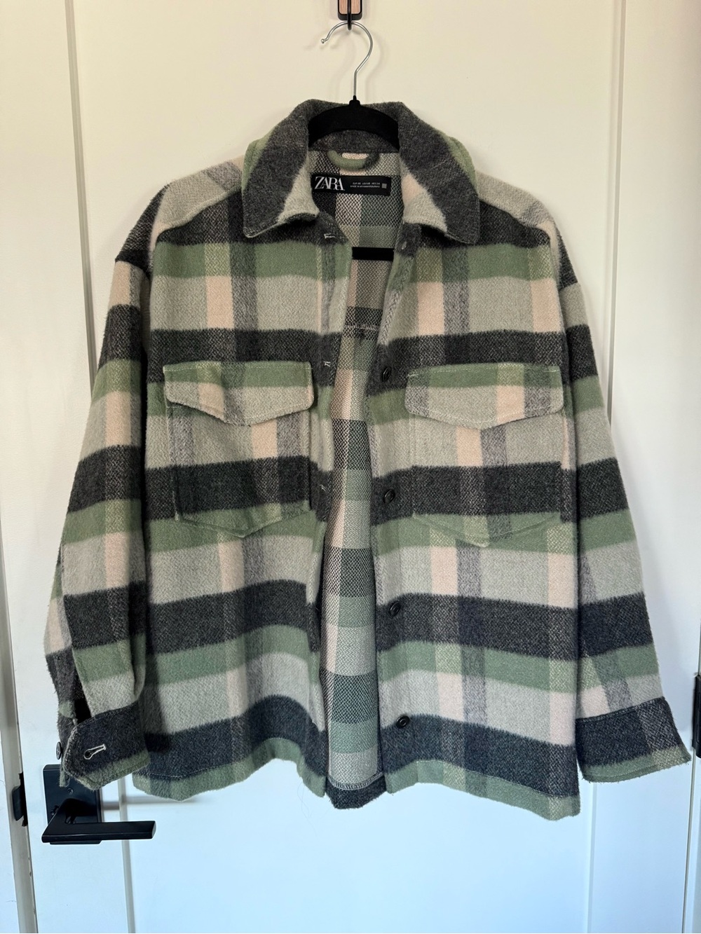 ZARA Green, Gray & Cream Plaid Shirt Jacket